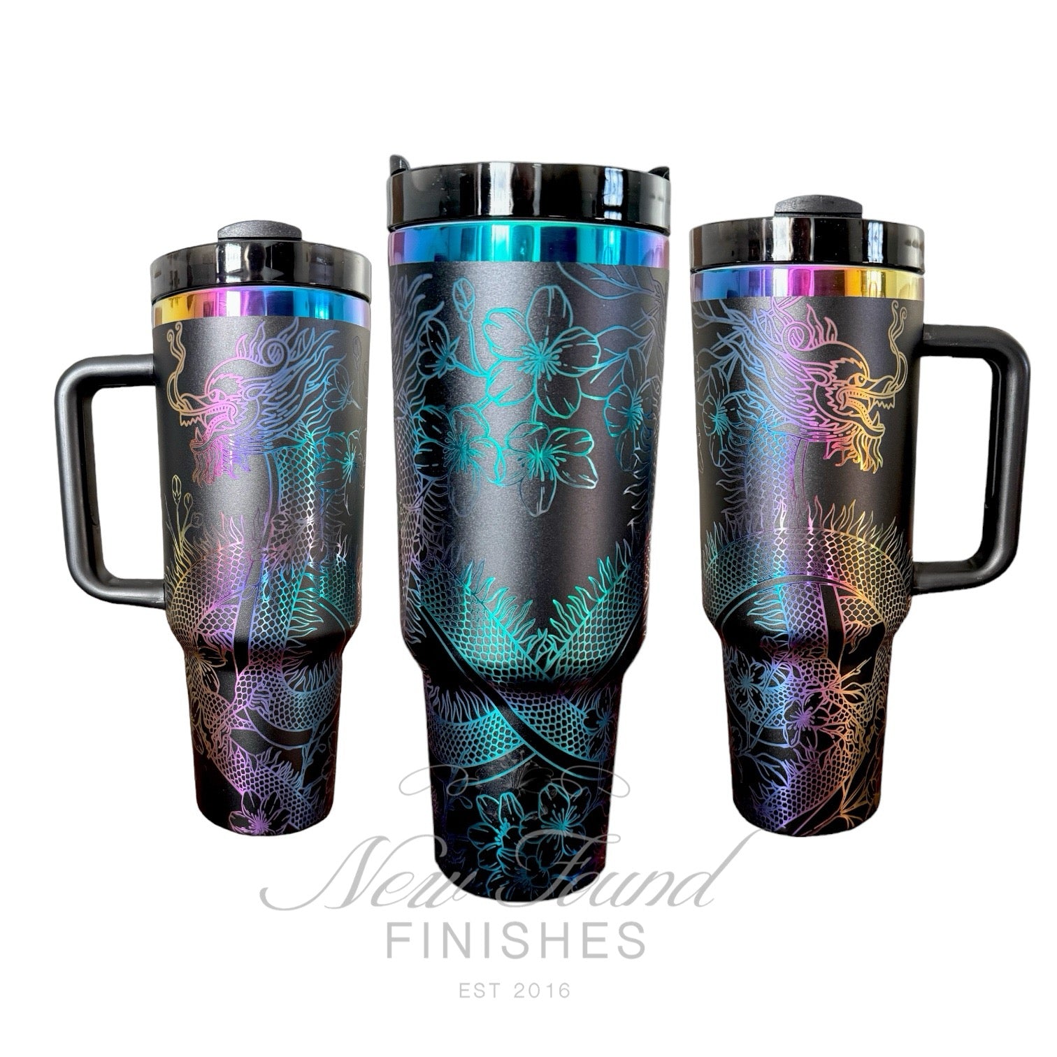 360 Dragon black/rainbow oil slick laser engraved 40oz tumbler with ha ...